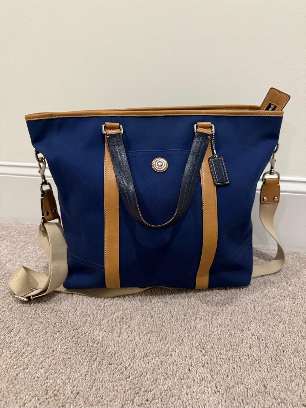 Coach Voyage Blue Canvas Tan Leather Carryall Tote Shoulder Bag